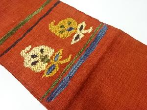 リサイクル　手織り紬横段に花模様織出し名古屋帯